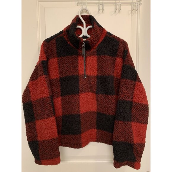 Thread + Supply Buffalo Plaid Fleece 1/4 Zip Red Sherpa Jacket Medium - Picture 1 of 6